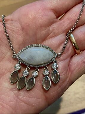 Sterling Silver Marquise Moonstone Necklace with Clear Accents - White